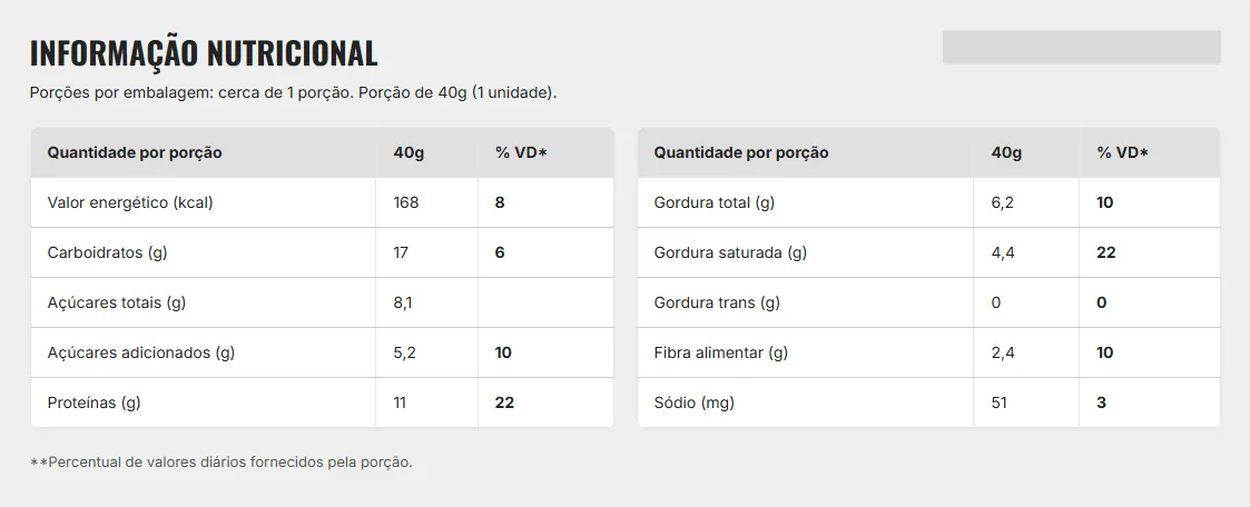 Tabla nutricional de Caja Shark Crush 12 Uni Paçoca