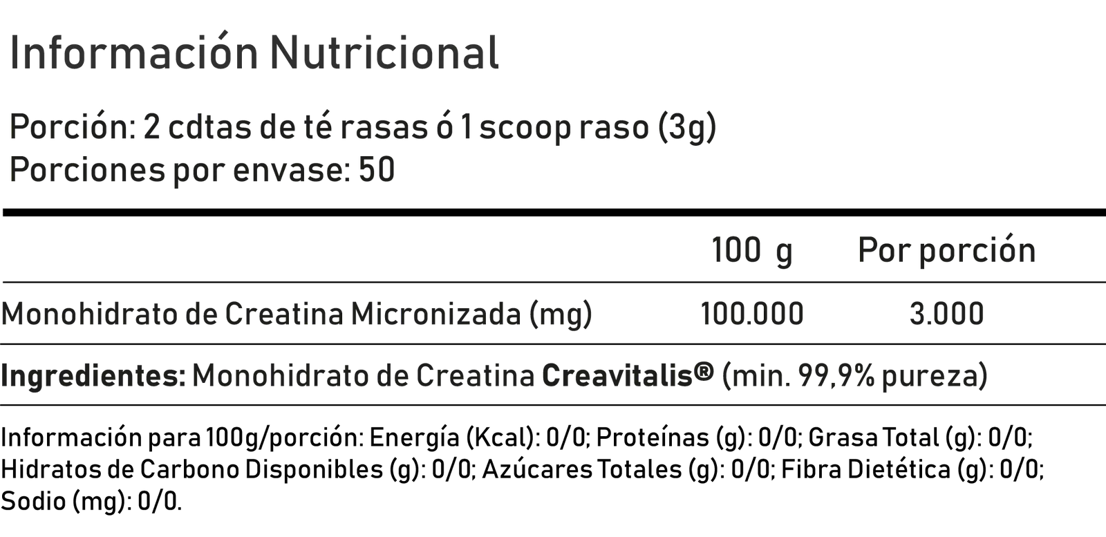 Tabla nutricional de Crealife 150g