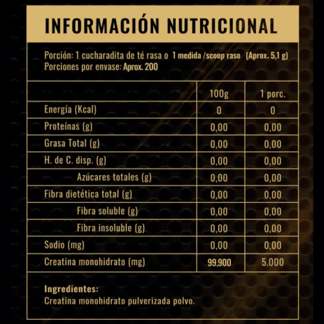 Tabla nutricional de Creatina FDA 1kg