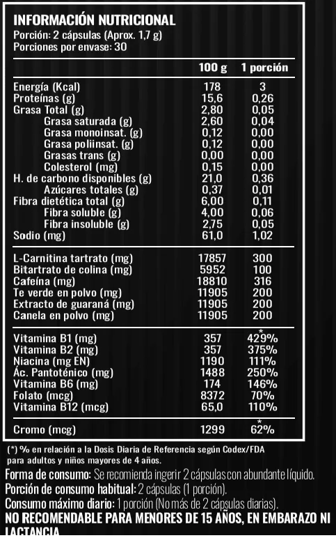 Tabla nutricional de Lipo Strong