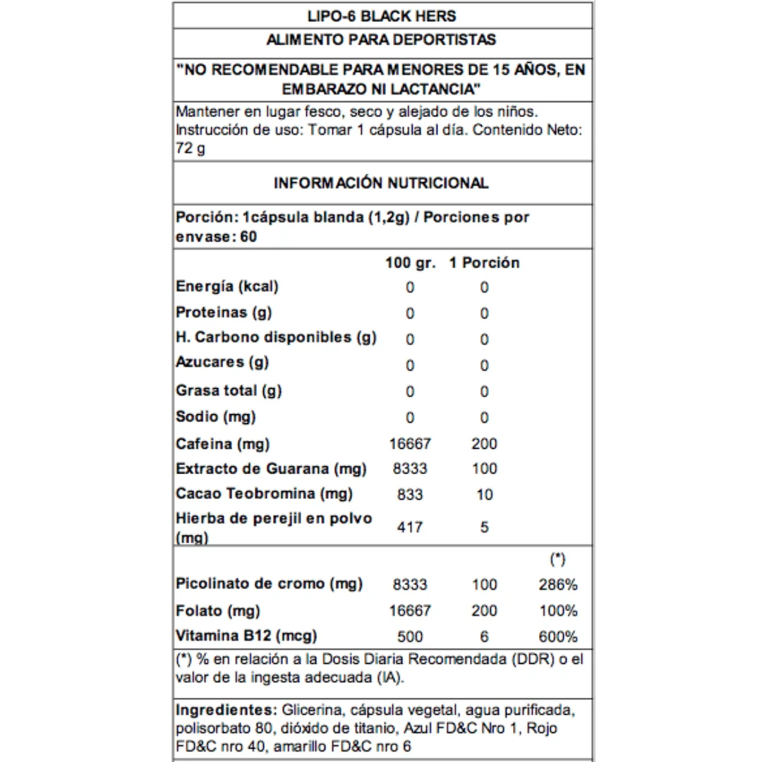 Tabla nutricional de Nutrex Lipo 6 Black Hers 60 Cápsulas
