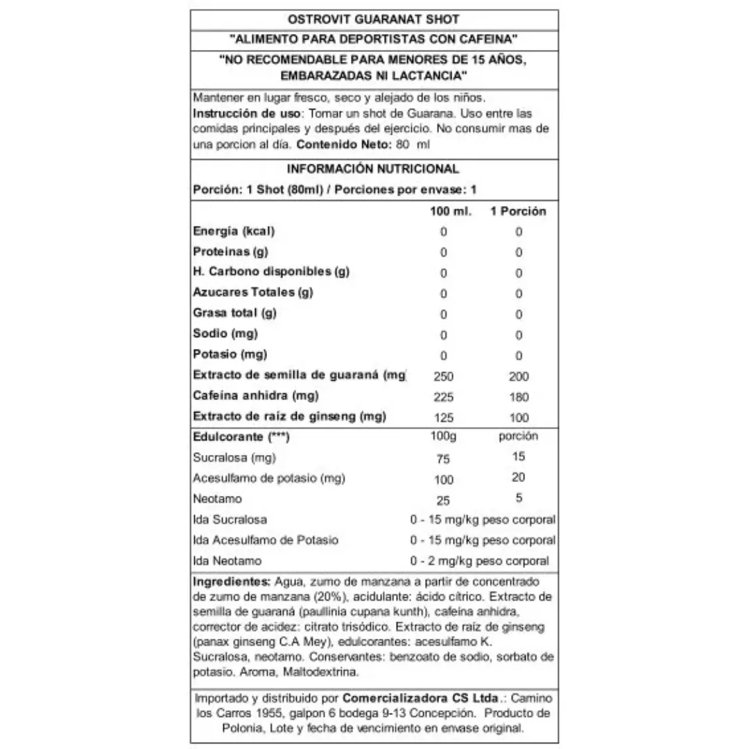 Tabla nutricional de Ostrovit Guarana Shot 80ml