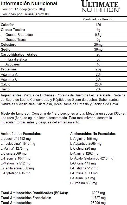 Tabla nutricional de Ultimate Prostar Whey 5 Libras