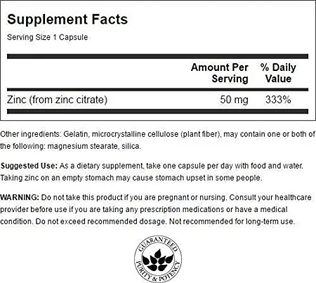 Tabla nutricional de Zinc 30 Mg 60 Capsulas