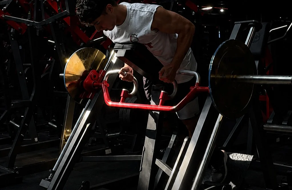 Socio entrenando en una máquina de Strongest Gym
